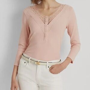 NEW Lauren Ralph Lauren Women’s size XL Lace-Trim Henley Coquette Top Pink